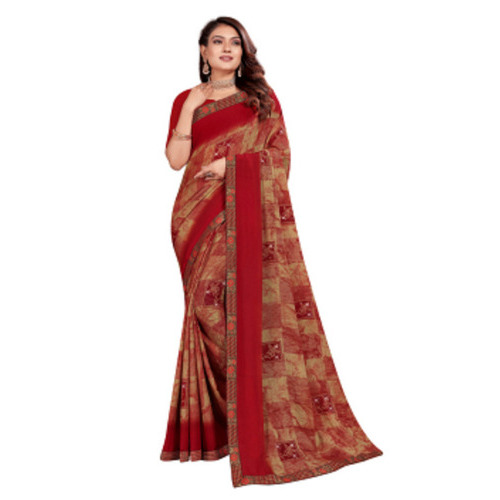Beautiful Designer Red Printed Bell Bottom Sequin Worked Fancy Chiffon Saree For All Season