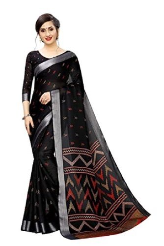 Black Zari Woven Cotton Linen Saree With Blouse Piece