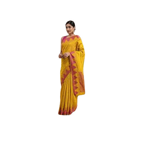 Cotton Saree - Elegant Yellow Cotton Fabric, Matching Pink Blouse | Beautiful Patterns with Pink Border for Festivals and Formal Occasions