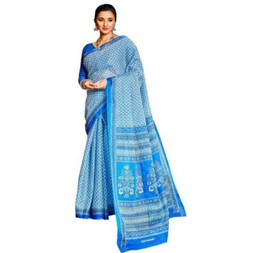 Blue Printed Cotton Silk Saree With Unstitched Blouse