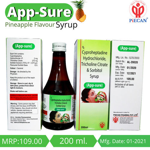 Pineapple Flavour Cyproheptadine Hydrochloride, Trichline Citrate & Sorbitol Syrup