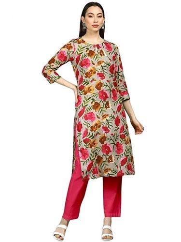 Multicolor Women 3/4 Sleeves And Round Neck Breathable Cotton Floral Printed Straight Kurti 