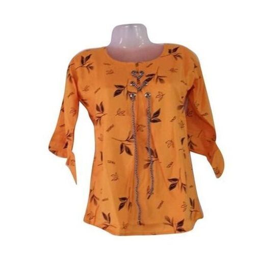 Printed Comfortable Light In Weight Orange Color Ladies Full Sleeve Cotton Top