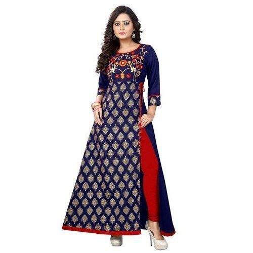 Rayon Ladies Trendy Printed Full-Length Navy Blue And Red Ladies Designer Kurti  Bust Size: 25 Inch (In)