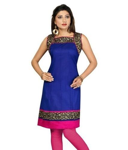 Trendy Sleeveless Chiffon And Plain Blue Colour Cotton Ladies Fancy Kurti  Bust Size: 25 Inch (In)