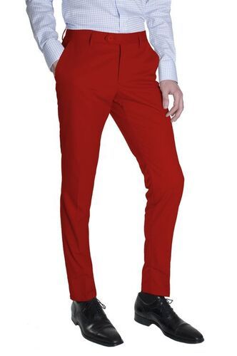 Washable Fit Button And Zip Fastening Red Poly Rayon Plain Formal Trousers