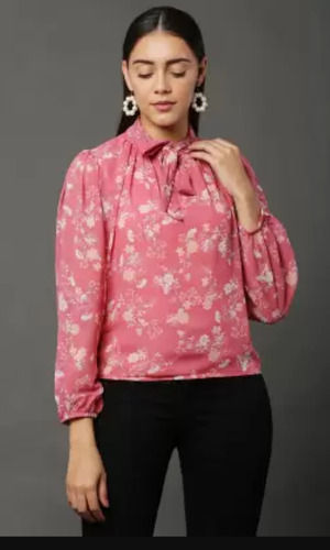 Easily Washable And Breathable Pink Colour Full Sleeves Printed Casual Wear Silk Ladies Top 