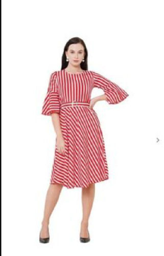 Elegant Fit Flare Red Long Sleeves Round Neck Casual Cotton Women Dress 