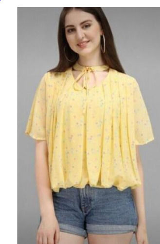 Yellow Printed Casual Wear Half Sleeve Silk Self Design Girls Top 