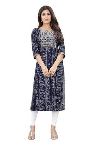 Blue Ethenic Style And Party Wear 3/4Th Sleeves With Embroidered Pattern Silk Kurti For Ladies