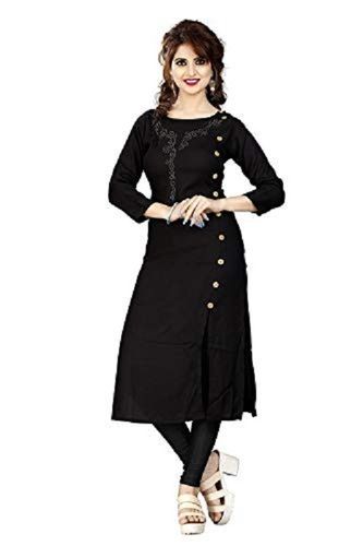 Black Simple Style And Party Wear 3/4Th Sleeves With Plain Pattern Rayon Kurti For Ladies