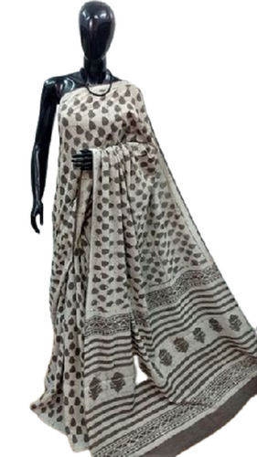 White And Black Daily Wear Skin Friendly Printed Cotton Silk Saree With Blouse Piece