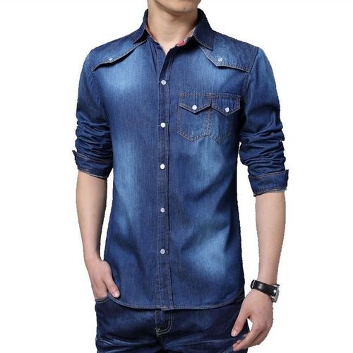 Blue Men Skin Friendly Comfortable Plain Pattern Summer Season Pure Denim Shirt