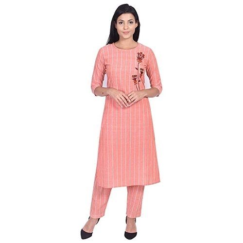 Pink Casual Wear 3/4Th Sleeve Round Neck Straight Striped Rayon Kurtis