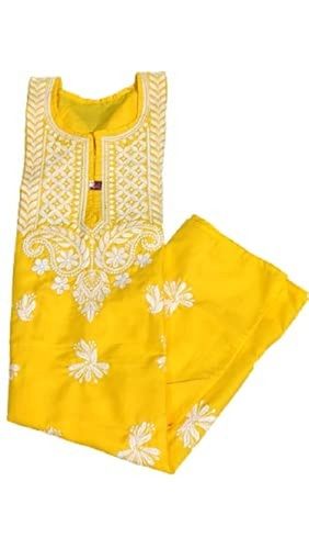 Yellow Ladies Embroidered Cotton 3/4Th Sleeve Round Neck Casual Straight Kurtis