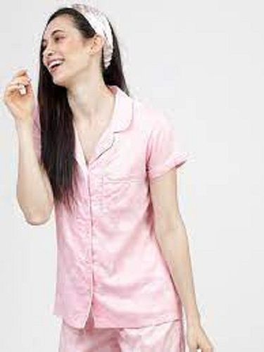 Pink And White Ladies Comfortable Printed Pattern Skin Friendly Short Sleeve Silk Night Suits