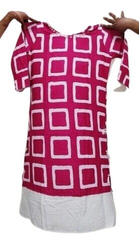 Pink Colored Half Sleeve Printed Cotton Kurtis For Ladies