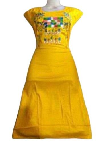 Short Sleeve Printed Yellow Cotton Kurtis For Ladies