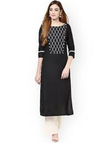 Ladies Trendy Round Neck 3/4th Sleeves Plain A-Line Cotton Kurti For Party Wear