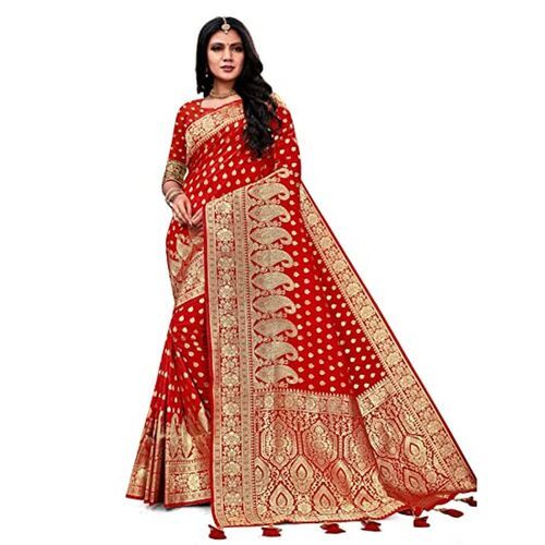 Fiery Red And Orange Woven Soft Silk Saree – Zari Banaras