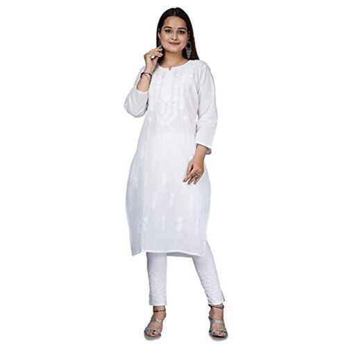 Washable Long Sleeves Casual Embroidery Chikan White Long Cotton Kurti