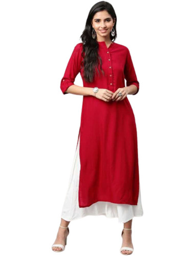 Women'S Skin Friendly 3/4 Sleeves Plain Made Of Cotton Fancy Red Kurtis