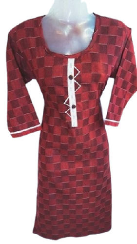 Red Casual Wear Fancy Light Weighted 3/4Th Sleeves Printed Ladies Cotton Kurtis 