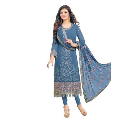 Blue Designer Work Pattern Full Sleeve Chiffon Fabric Ladies Suit For Casual And Party Wear