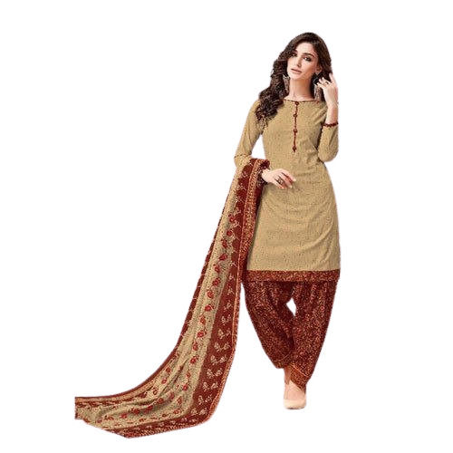 Beige And Brown Ladies Designer Fancy Printed Cotton Silk Salwar Suit With Dupatta