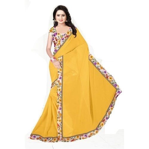 Yellow Ladies Breathable And Comfortable Floral Print Cotton Sarees For Party Wear