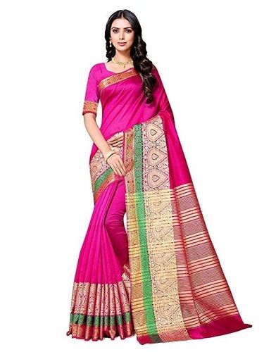 Dark Pink South Style Party Wear Lightweight Zari Work Plain Silk Saree