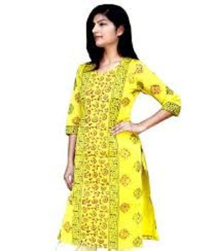 Yellow Casual Wear Round Neck 3/4Th Sleeves Printed Cotton Designer Kurtis For Ladies 