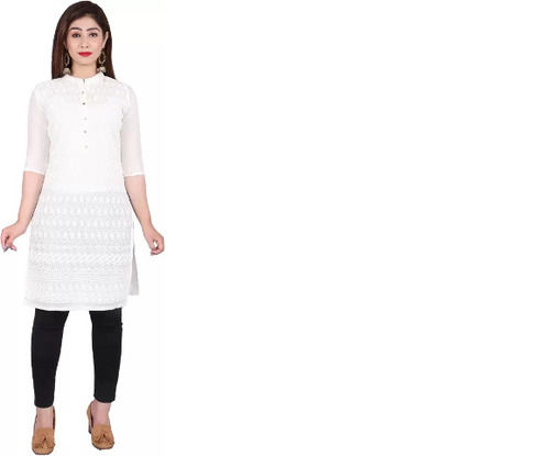 Round Neck White Ladies Fancy Kurtis