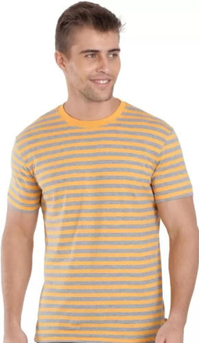 Orange Men'S Breathable Comfortable O Neck Plain Stripped Cotton T Shirt For Casual Wear