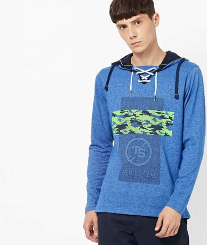 Blue Cotton Full Sleeves Hooded T-Shirt (L-Size)