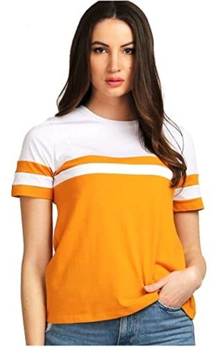 Women Short Sleeves And Round Neck Breathable Soft Cotton Striped Pattern Top