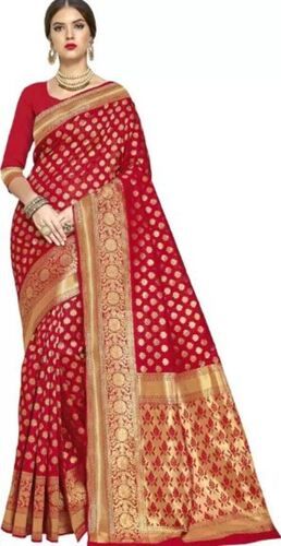 Women Party Wear And Zari Work Cotton Silk Banarasi Saree With Blouse 