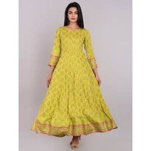 Yellow Casual Wear Women Rayon Light Pista 3/4Th Sleeves Floral Printed Vibrant Green (Pista) Anarkali Kurta