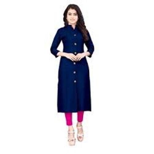 Washable Casual Wear Women'S Solid Cotton Blend A-Line Straight Dark Blue Kurta 