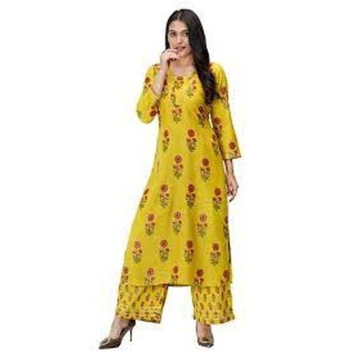 Washable Women'S Rayon Floral Three-Fourth Sleeve Printed Straight Yellow Designer Kurti 