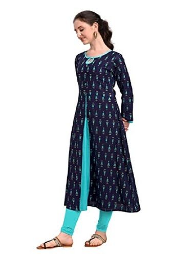 Blue 3/4Th Sleeves Cotton Fabric Printed Pattern Fancy Kurti For Women