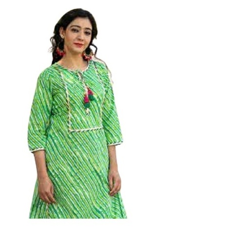 Cotton Printed Kurti - 40 Centimeter Length, Green Color, 3/4th Sleeves, Breathable Fabric, Summer Party Wear