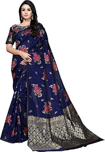 Multi Color Floral Print Zari Work Banarsi Cotton Silk Saree For Party Wear