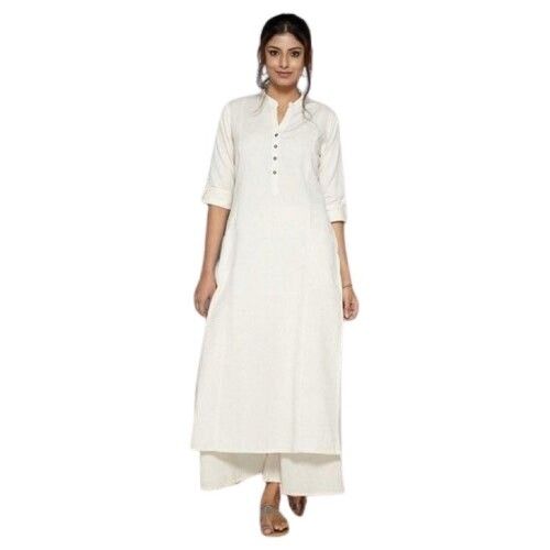 Washable 3/4 Sleeve Plain White Cotton Kurti For Ladies