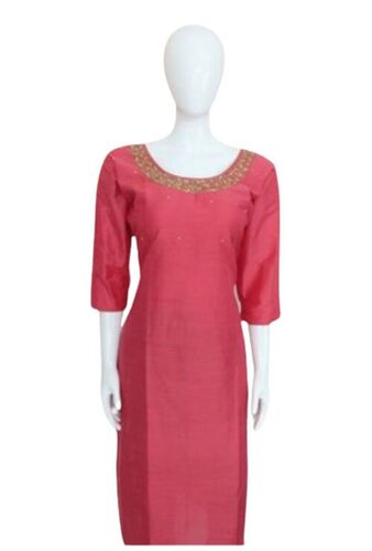 Womens Washable Simple Plain 3/4Th Sleeves Pink Silk Kurti Bust Size: 24 Inch (In)