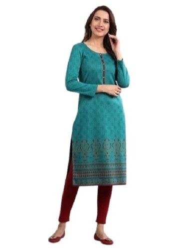 Comfortable And Well Stitched 3/4th Sleeves Round Neck Sky Blue Regular Aurelia Cotton Kurti