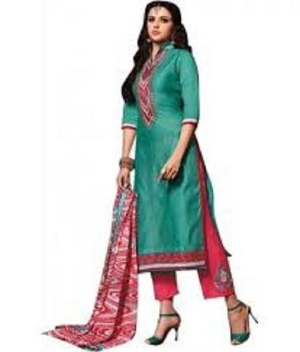 V-Collared Neck 3/4Th Sleeves Printed Cotton Suit With Dupatta Set Bust Size: 34 Inch (In)