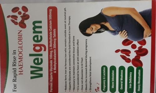 Welgem Tablets - Ferrous Asparto Glycinate 100mg, L-Methylfolate Calcium 500mcg & Methylcobalamin 300mcg | Rapid Rise in Haemoglobin, Maintains Connective Tissue and Bone, Does Not Dissociate in GI Tract, Recommended Dosage with Water, 18 Months Shelf Life