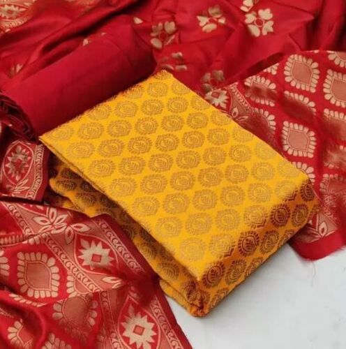 Yellow And Red Skin Friendly Traditional Wear Zari Work Unstitched Salwar Suits