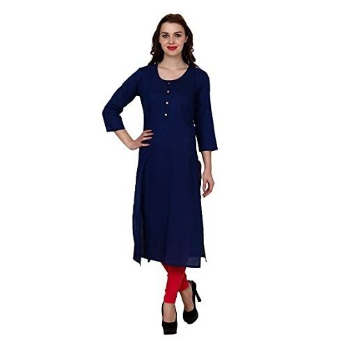 Dark Blue Breathable And Washable Round Neck 3/4Th Sleeves Plain Ladies Cotton Kurti 